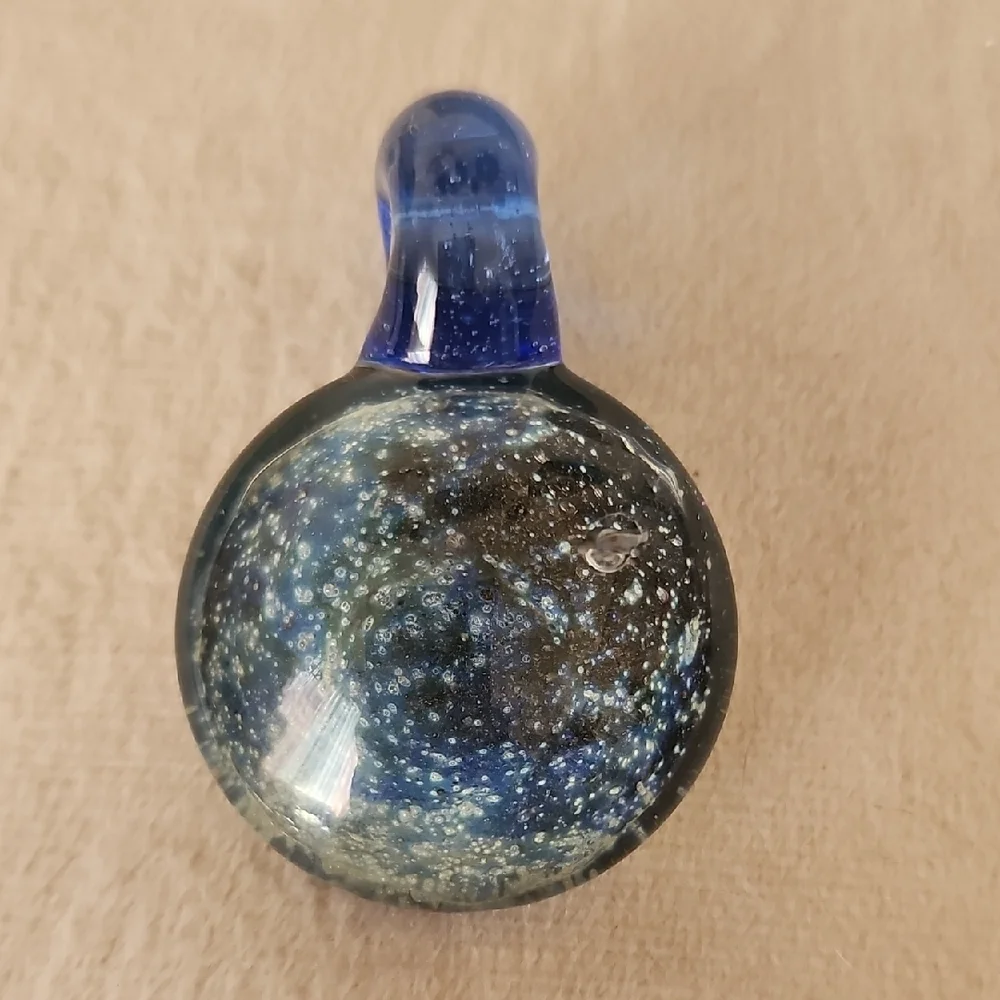 Handblown Blue and Black Glass Orb Pendant Necklace 18 Inches 🎲